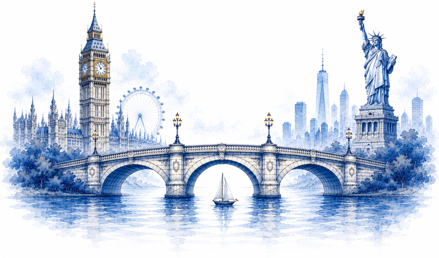 Across The Pond Hero Image Watercolor illustration connecting Britain and America with the Elizabeth Tower, London Eye, a stone bridge and the Statue of Liberty.